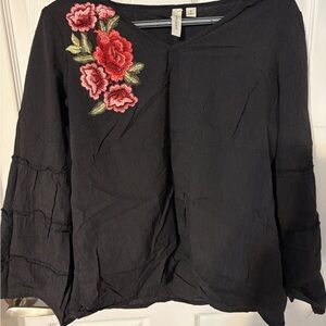 Tacera Black Blouse with Red Floral Embroidery
